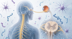 Spinal cord and optic nerve illustration showing GFAP and NfL biomarker changes in NMOSD
