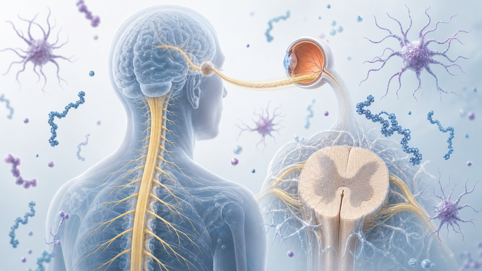 Spinal cord and optic nerve illustration showing GFAP and NfL biomarker changes in NMOSD