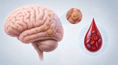Illustration of brain beta amyloid pathology with a blood drop symbolizing PrecivityAD2 APS2 testing