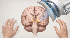 Simplified brain illustration highlighting the thalamus in Parkinsons disease tremor treatment