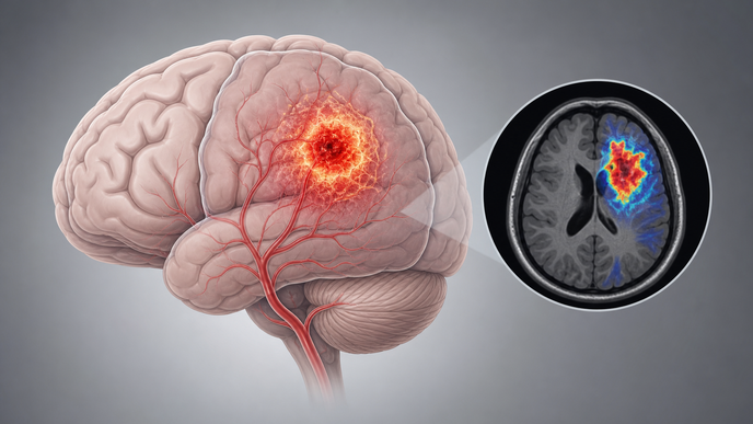 Brain MRI perfusion illustration highlighting hyperperfused glioma region on arterial spin labeling