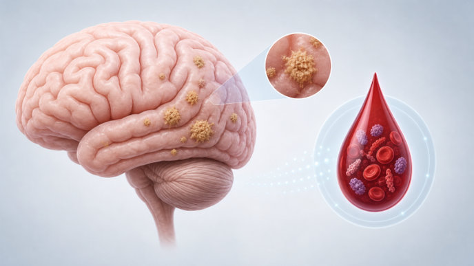 Illustration of brain beta amyloid pathology with a blood drop symbolizing PrecivityAD2 APS2 testing